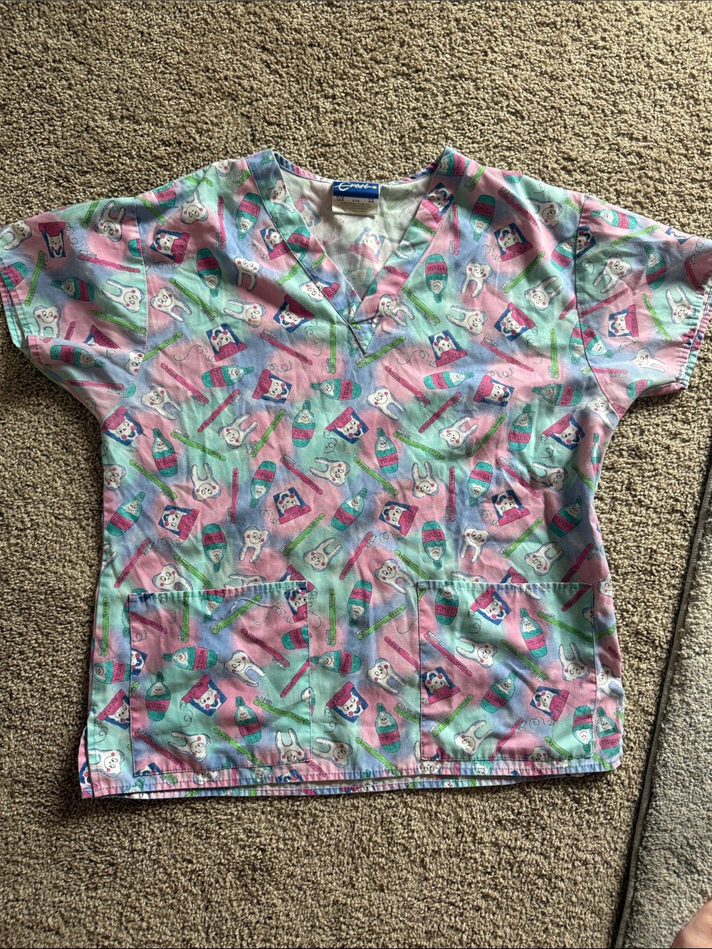Crest Women's Pastel Multi-Color Dental Print Scrub Top